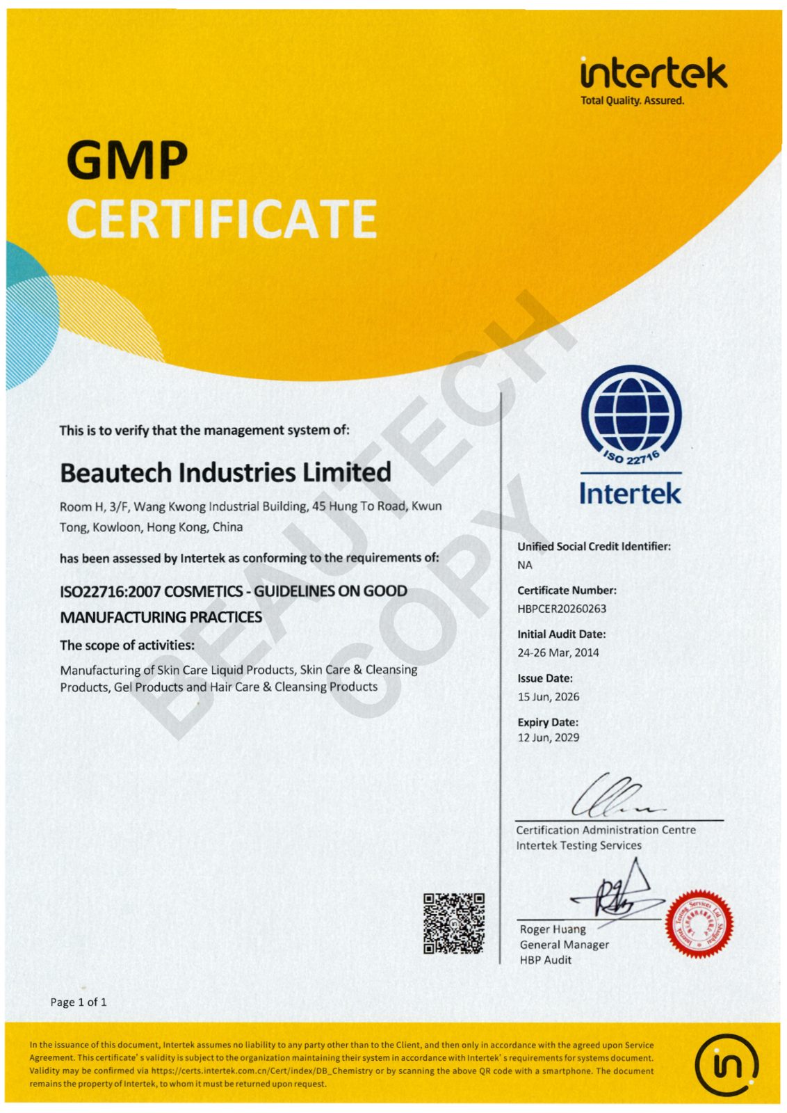 Beautech ISO 22716 certificate HBPCER20260263 issued by Intertek, valid 15 June 2026 to 12 June 2029